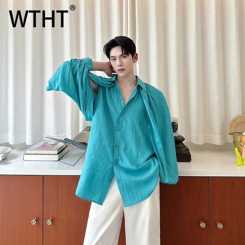 

WTHT Fashion Men Solid Color Loose Turn Down Collar Design Shirt Trendy 2025 Summer Single Breasted Long Sleeve Top Male 2A1094