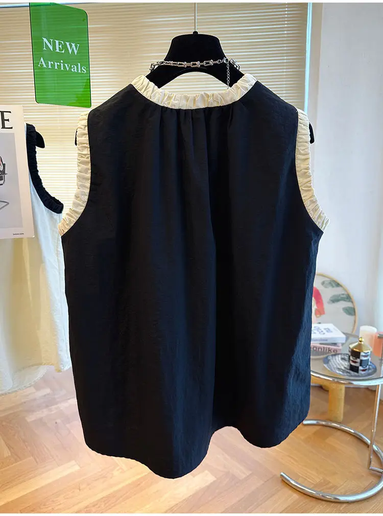 French design with contrasting color pleats and edging, sleeveless t-shirt for women, short sleeved shirt top