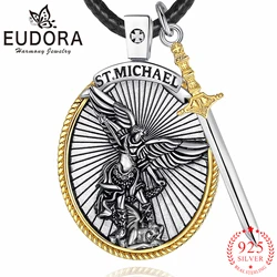 Eudora 925 Sterling Silver Saint Michael Archangel Necklace 18K Gold Shield Sword Pendant Fine Religious Jewelry Gift for Men