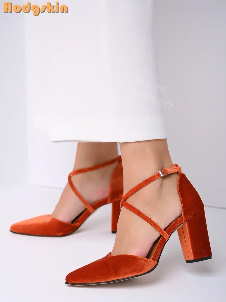 

Suede Cross-tied Pumps Pointed Toe Shallow Strappy Square Heeled Buckle Straps Women Shoes 2025 Spring Fashion New Arrival