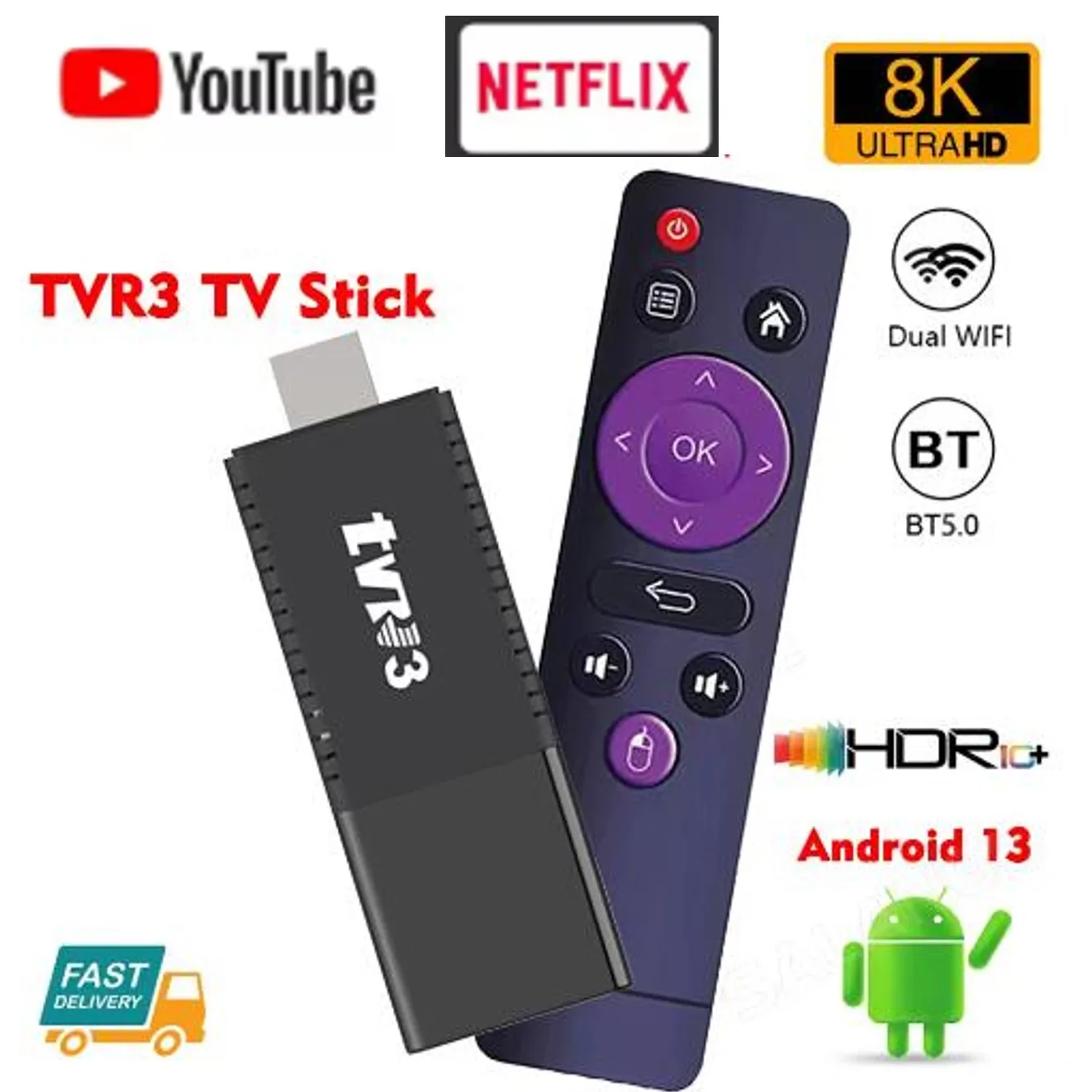 TV Stick 2026 TVR3 TV98 RK3228A, WiFi 2.4G, 4K Smart TV, Android 13.0, Compatible con YouTube, NETFLIX, Reproductor Multimedia