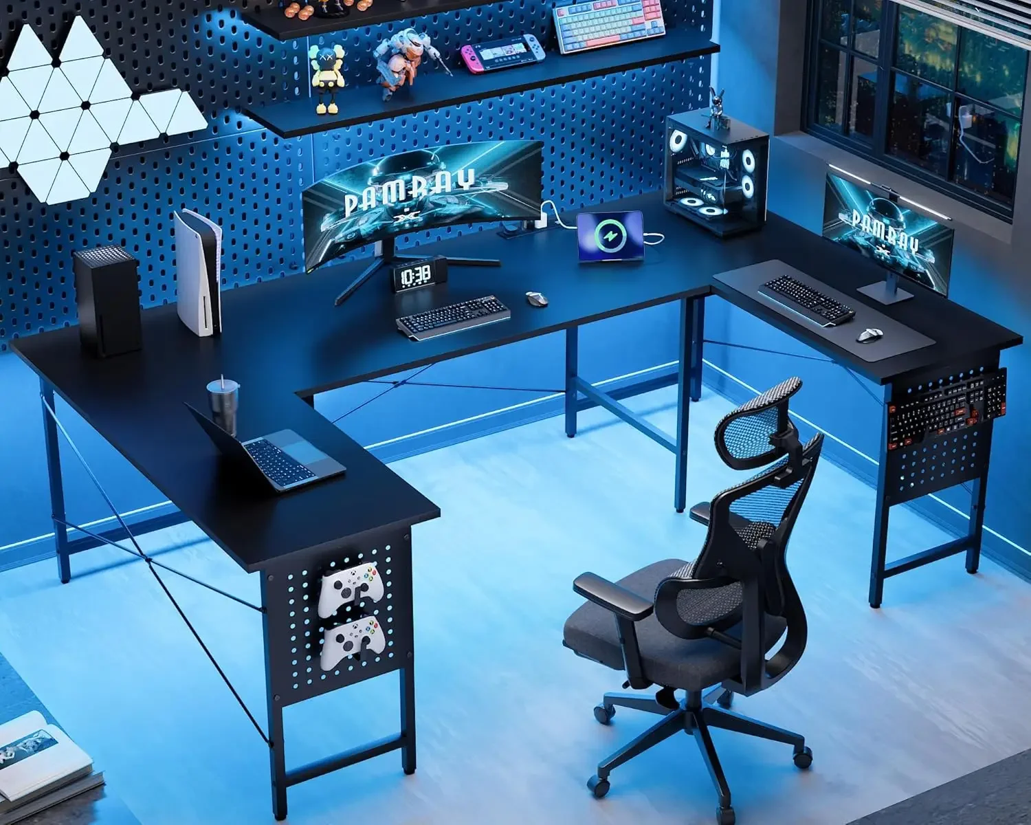 

Большой компьютерный стол 71 дюйм с розетками, U-образный угловой стол для домашнего офиса, работы и игр, черный