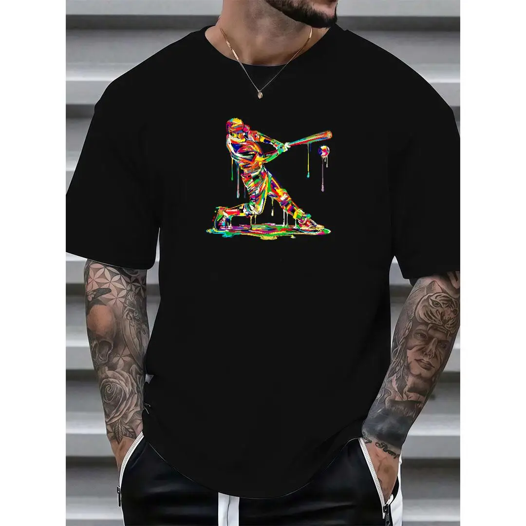 

Creative Baseball Batter Graphic T-shirt Men | Colorful Paint Splash Abstract Sports Top | Streetwear Hip Hop Art Print Tee