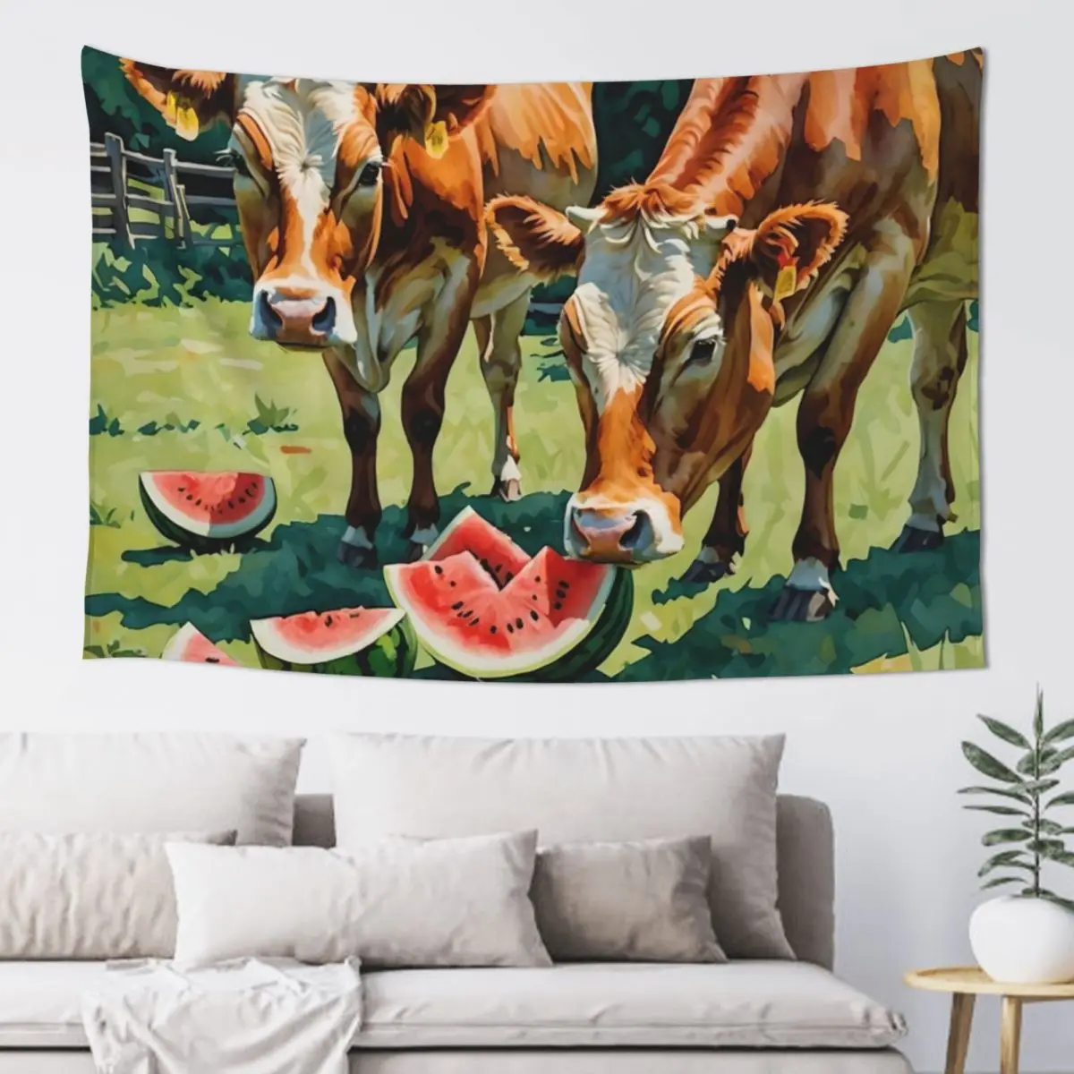 

Country Cows Eating Watermelon Tapestry Wall Hanging Bathroom Decor Bedrooms Decor Wall Mural Tapestry