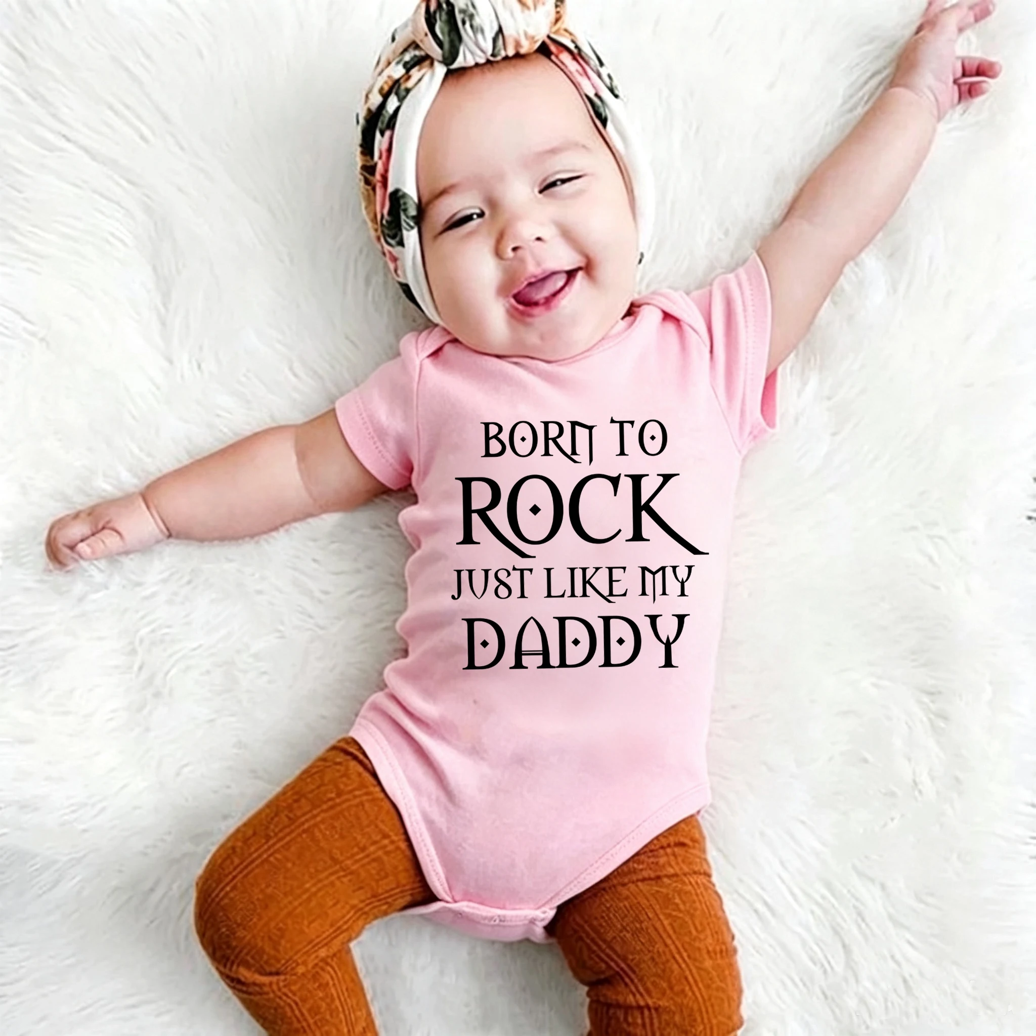 Born To Rock Just Like My Daddy Print Funny Baby Bodysuits Cotton Boys Girls Rompers Short Sleeve Infant Outfits Jumpsuits