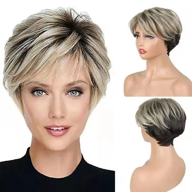 Short Pixie Cut Ombre Blonde Wig With Bangs Layered Straight Wigs Natural Beauty