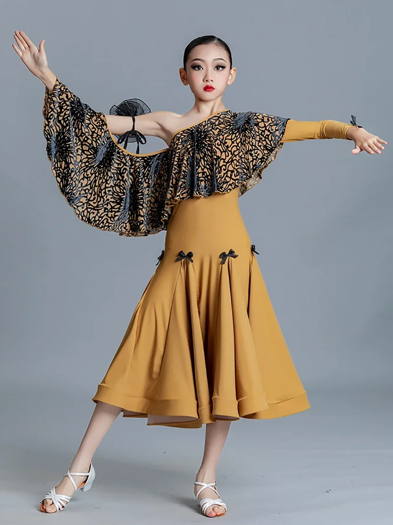 Kaffee-Druck, Ausschnitt, eine Schulter, für Mädchen, moderne Tanzbekleidung, Walzer, Gesellschaftstanz, Swing-Rock, Eiskunstlauf-Kleider, Ballsaal-Kostüme