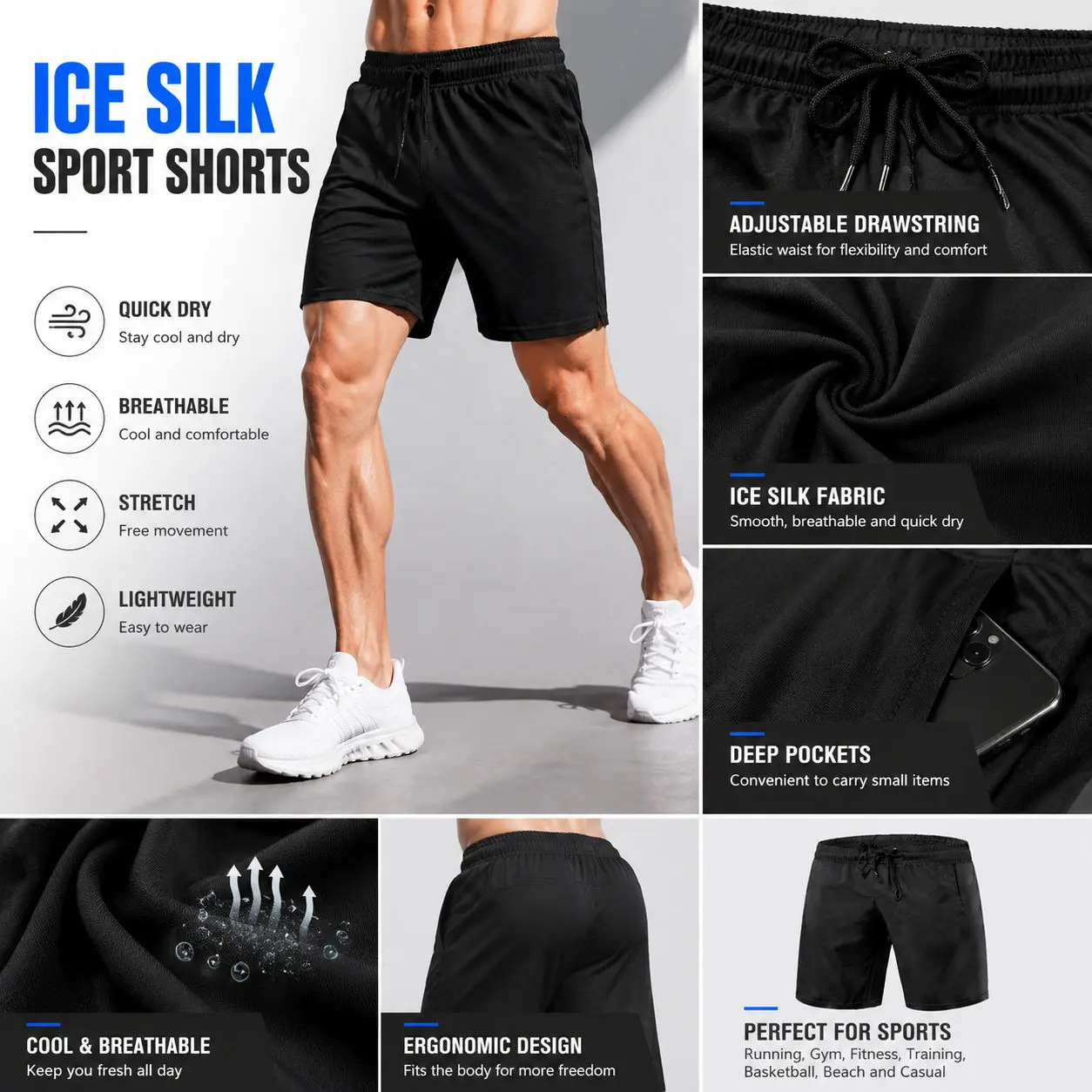 Men's Summer Ice Silk Shorts Quick Dry Breathable Cooling Lightweight Sports Shorts for Gym Running Jogging Fitness Outdoor