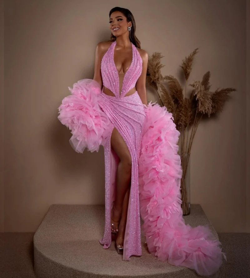 Exquisite Halter Evening Dresses African Girls High Split  Sequin Handmade Flower Long Mermaid Prom Gown Luxury Customized