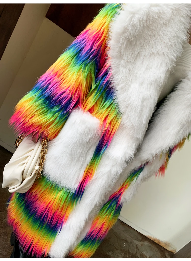 Lady Personalized Rainbow Faux Fur Coat Contrast Color Long Jacket Female Streetwear Women\'s Winter Coats Performance Costume