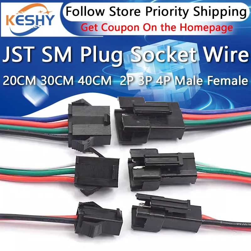 5Pairs 20CM 30CM 40CM JST SM 2P 3P 4P Plug Socket Male to Female Wire Connector LED Strips Lamp Driver Connectors Quick Adapter