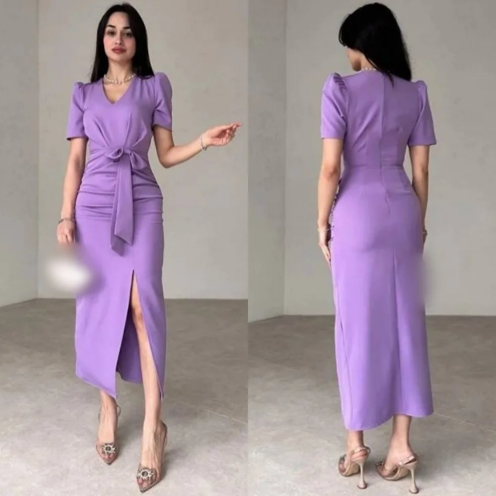 

Customized Classic Exquisite Jersey Bow Pleat A-line V-neck Midi Dresses Bespoke Occasion High Quality