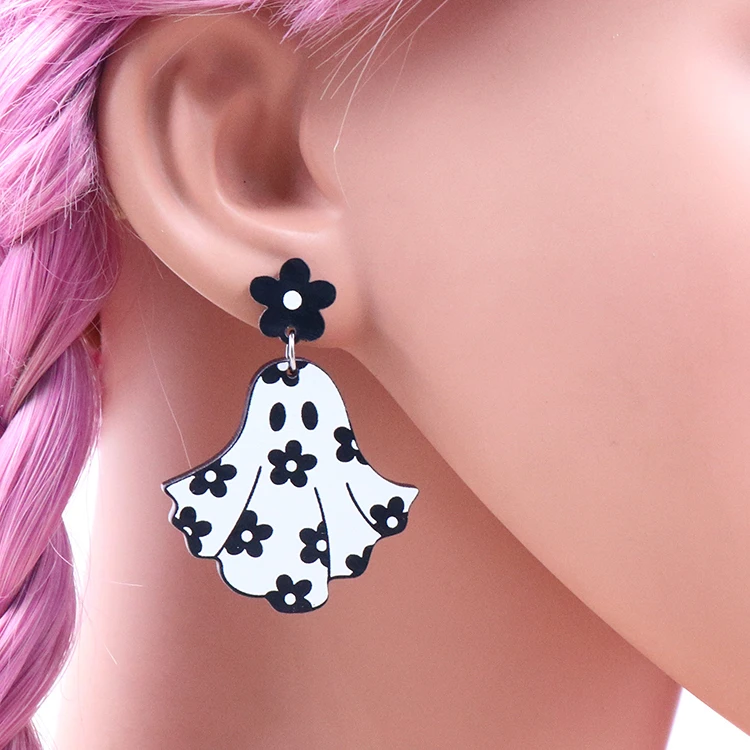 I Smell Children Spooky Ghost Flower Knife Cat What Halloween Dangle Earrings Pink Glitter Acrylic UV Printing