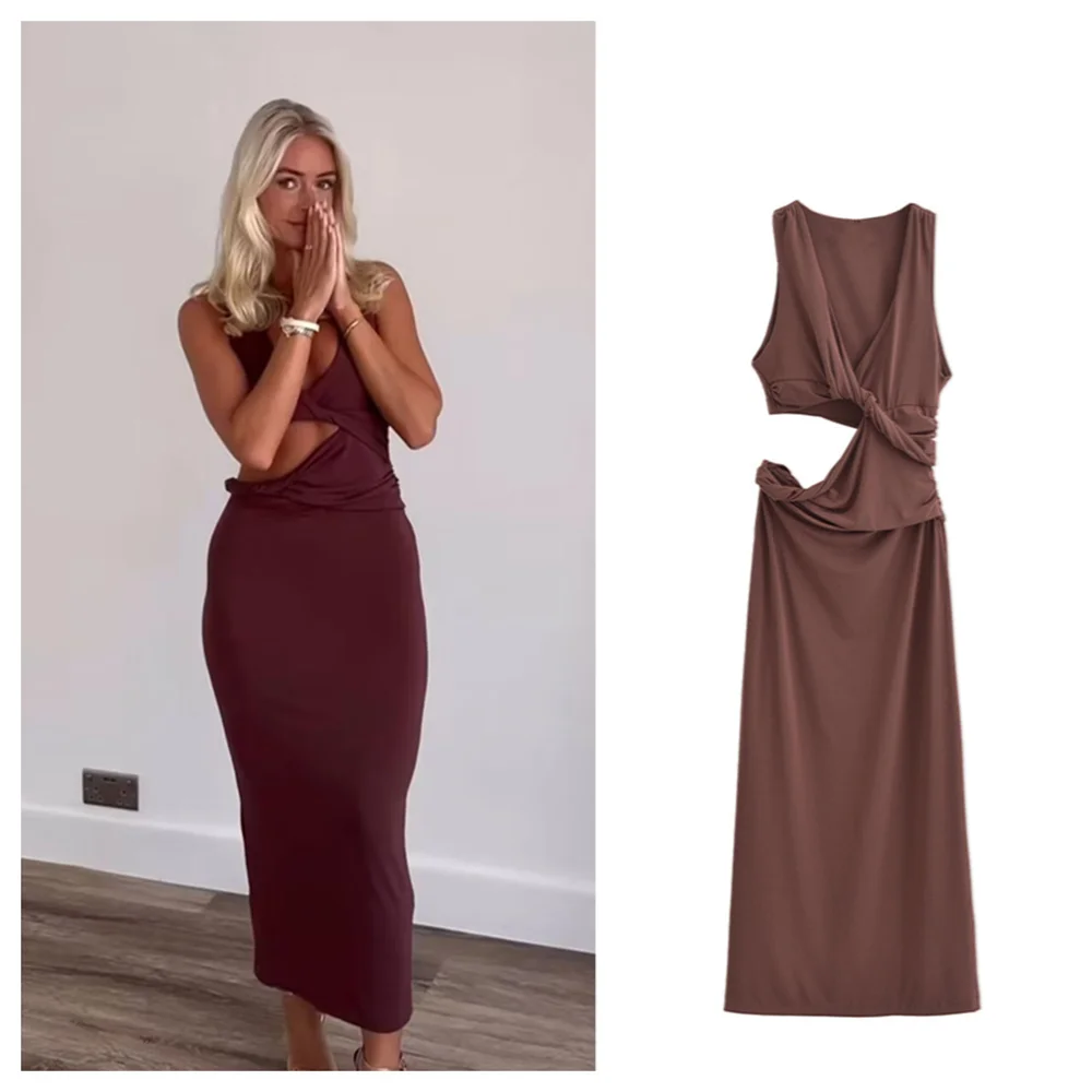 PB & ZA-vestido veraniego para mujer, prenda ajustada con cintura, versátil, color liso, corte de hombro y tirantes, cuello en V, novedad de 2024