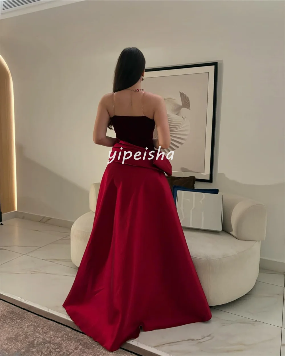 Aangepaste moderne stijl bijpassende plooi gedrapeerde strik A-lijn strapless lange jurken op maat gemaakte gelegenheidsjurken maten beschikbaar formeel