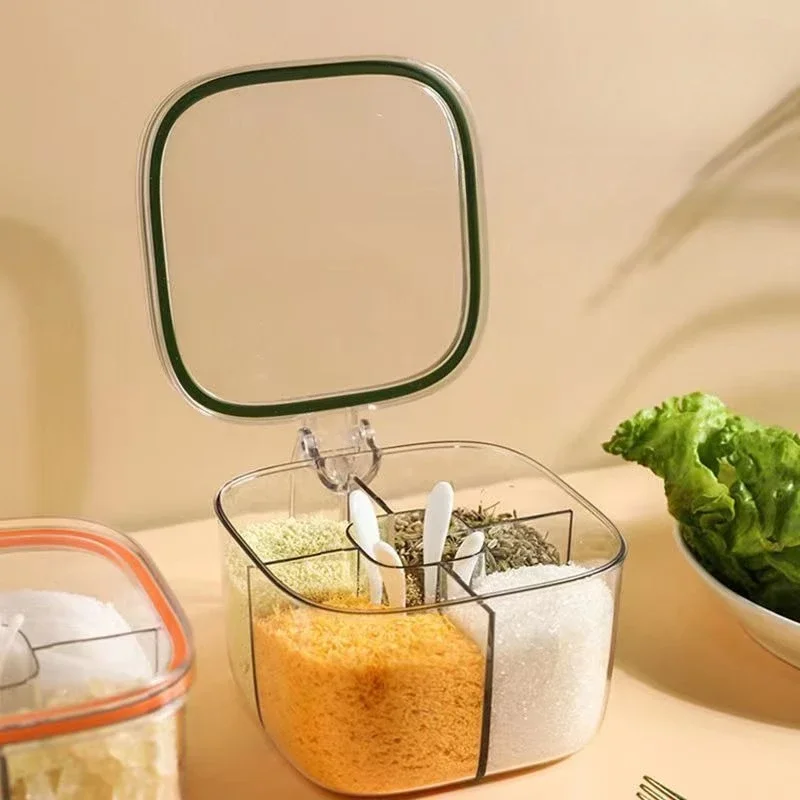 4 Grids Seasoning Box Multifunctional Kitchen Spice Container Set Household Salt Sugar Pepper Condiment Storage Organizer Spoons