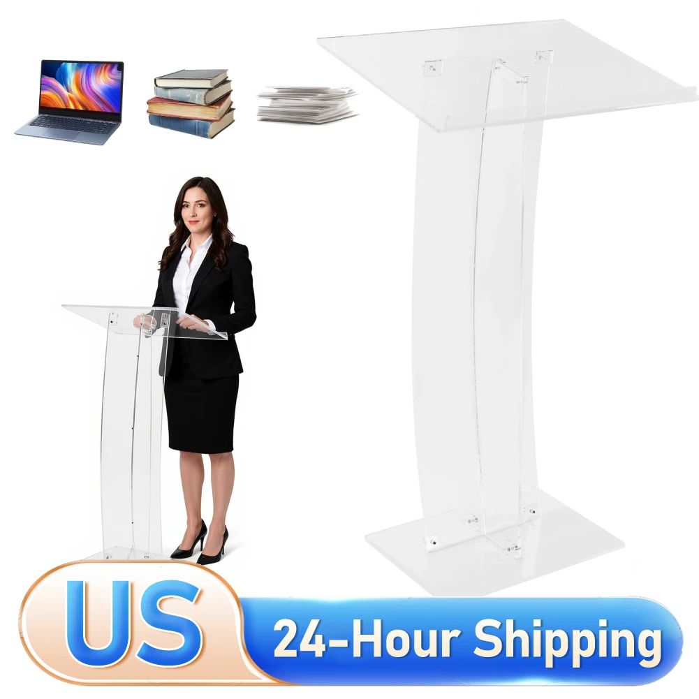 حامل منصة أكريليك شفاف سميك حديث 43.31 بوصة رف منبر ومنصورات مع تخزين لمكتب مدرسة الكنيسة المتحدث العام