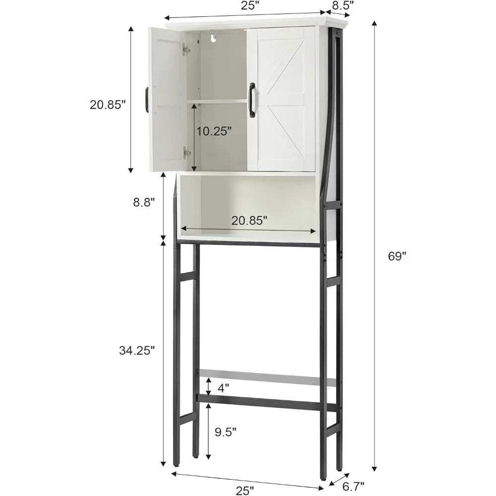 Di atas kabinet penyimpanan Toilet, di atas Organizer kamar mandi, di atas kabinet penyimpanan dengan pintu gudang di belakang