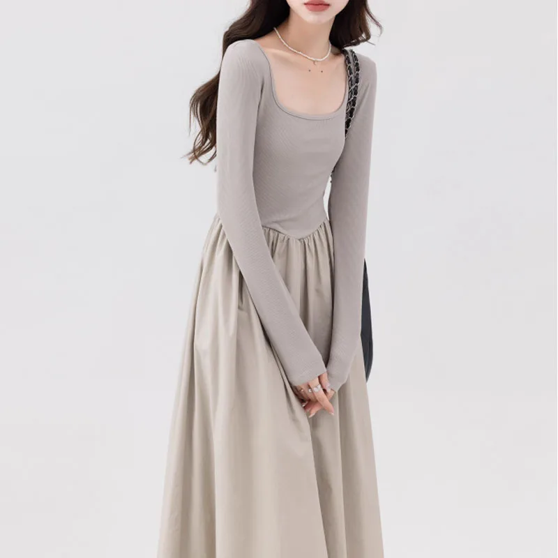 Spring Women Long-sleeved Dress French Elegance Black Long Dress Square Neck Pullover Waisted Slim Versatile Fit and Flare Dress