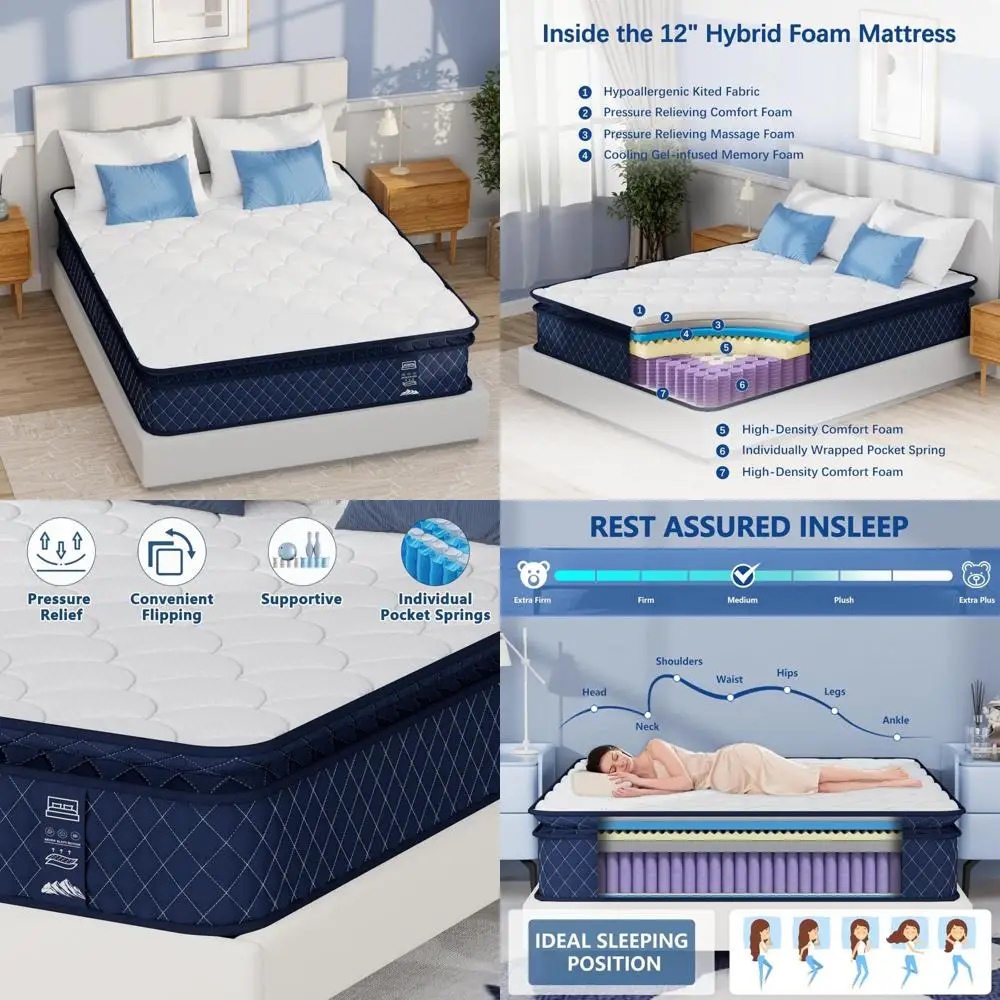 Medium Firm Hybrid Twin Mattress 12 inch Gel Memory Foam with Pocket Springs, Twin Mattress in a Box for Pressure Relief