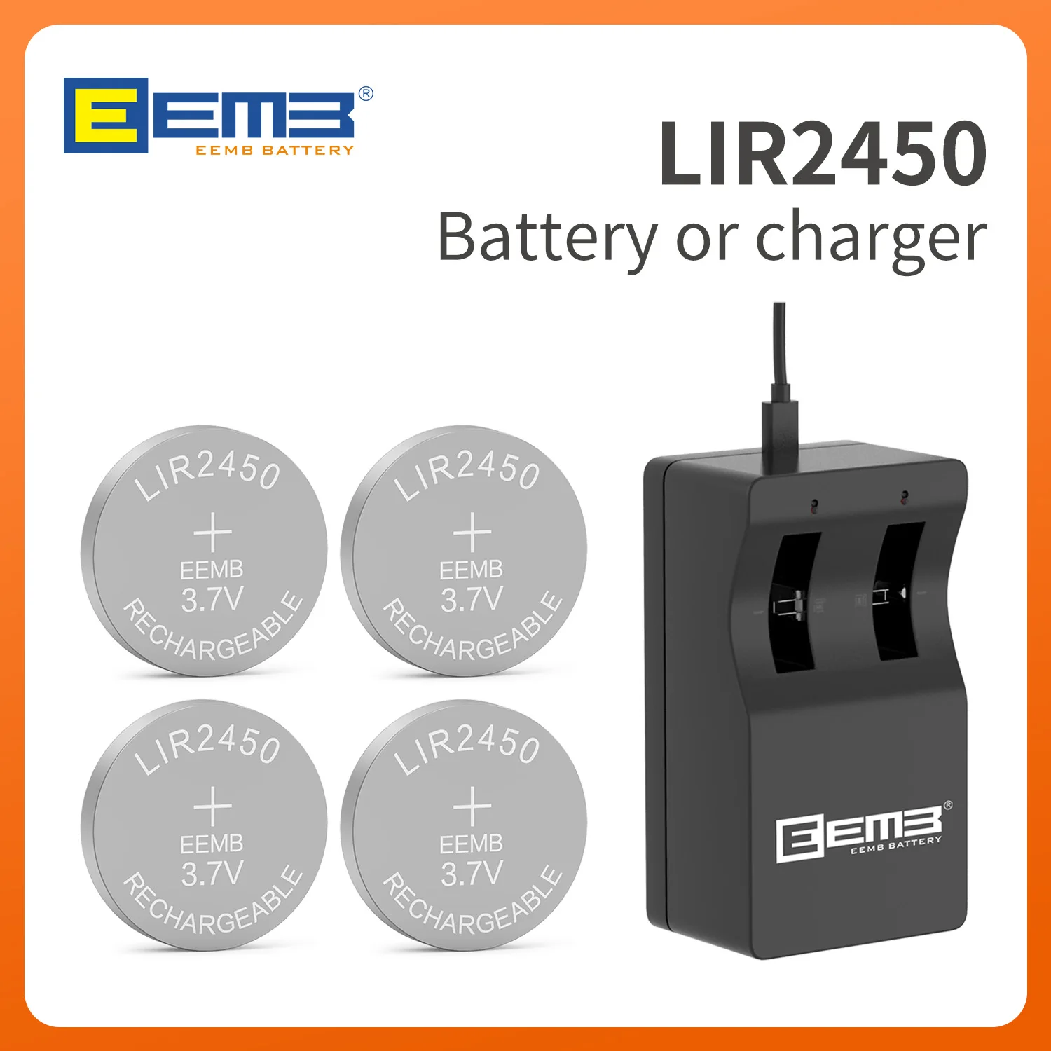 EEMB LIR2450 3,6V Wiederaufladbare Knopfzellenbatterie mit Ladegerät (optional) - 120mAh Knopfzelle für Hörgeräte, Schlüsselanhänger, Sensoren