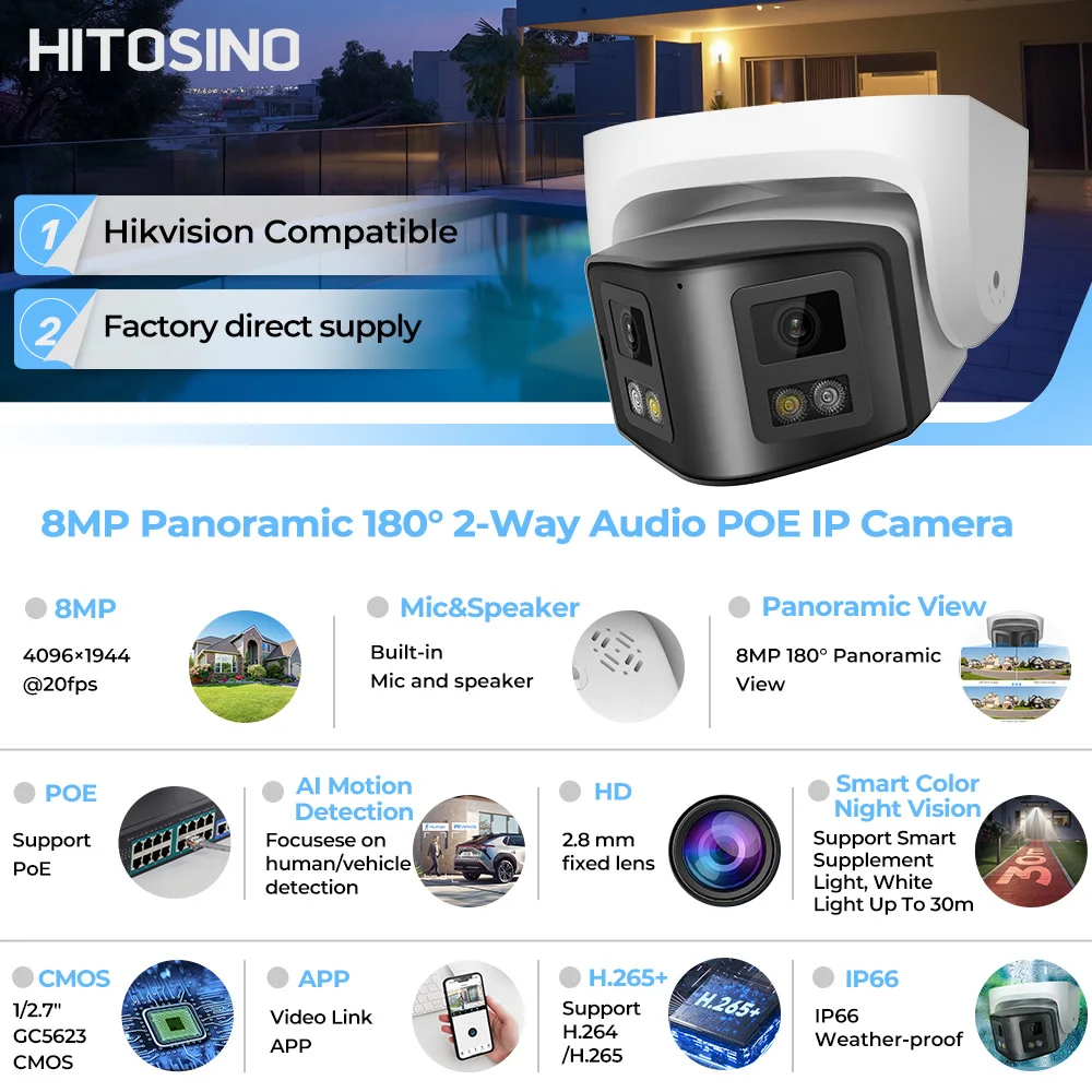 8MP Panoramic IP Camera Outdoor Smart Dual Light Turret with MIC Speaker 4K Plug And Play Hikvision Compatible