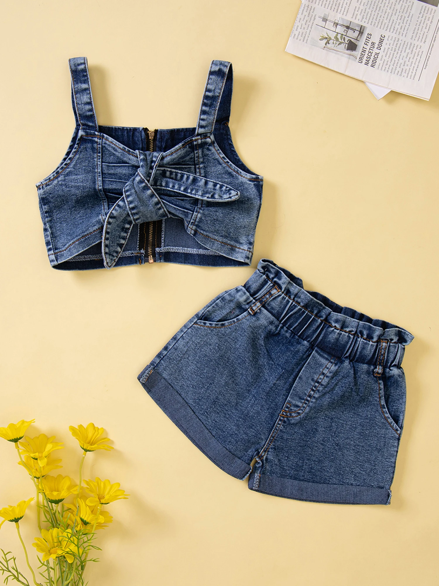 Setelan baju Denim anak perempuan, setelan baju anak perempuan, celana Denim pendek, kamisol kerut, Crop polos, Tie-Up, 2 potong