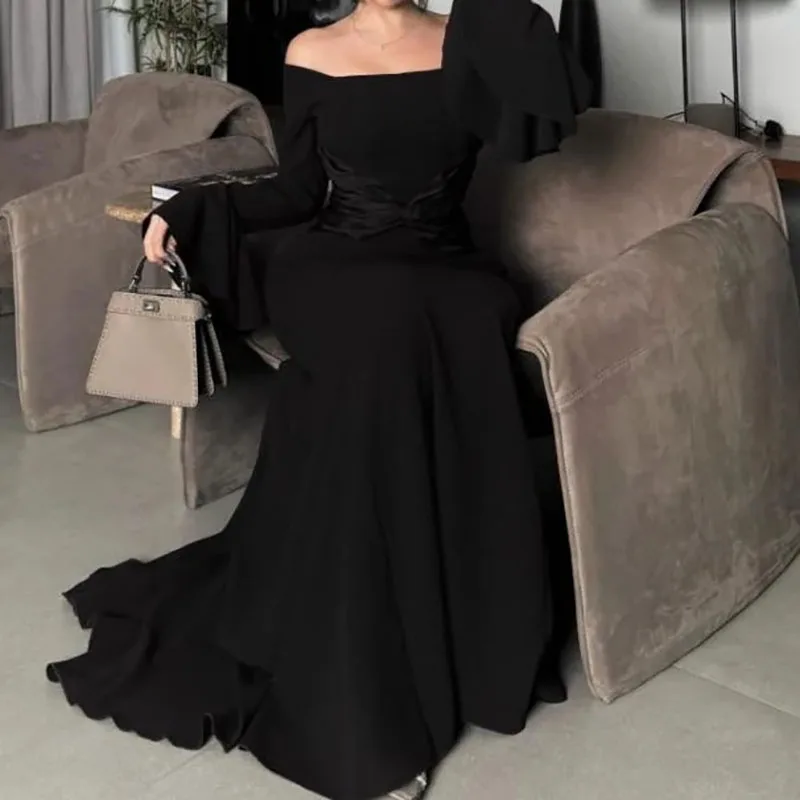 عارضة المرقعة سليم الصلبة مساء اللباس سيدة أنيقة قبالة الكتف عالية الخصر اللباس الخريف متوهج كم مزاجه فستان طويل