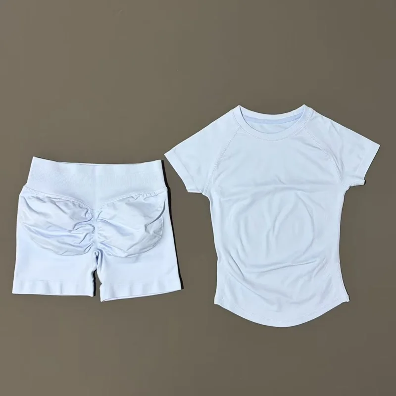 2 Piece Workout Outfit for Women HISTELLO Seamless Gym Set with Shorts - Ice Blue