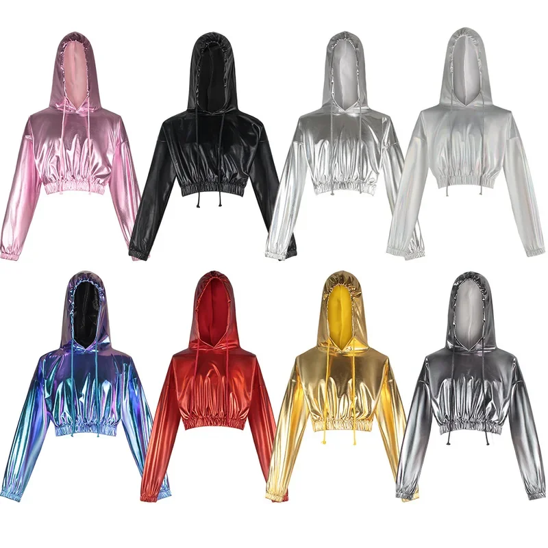 Sexy Cropped Holographic Hoodies Women Shiny PU Metallic Hoody Sweatshirt Pants Drawstring Pullovers Streetwear Cosplay Costume