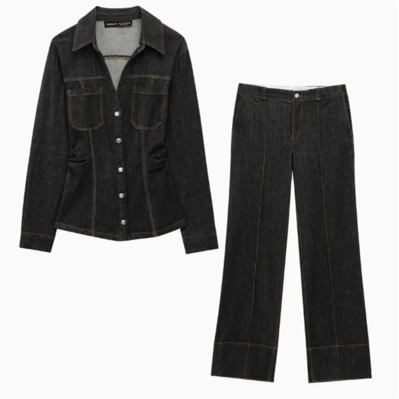 

European , American Women's Clothing AliExpress Popular Fashion Lapel Bright Line Decoration Double Pocket Loose Versatile Denim