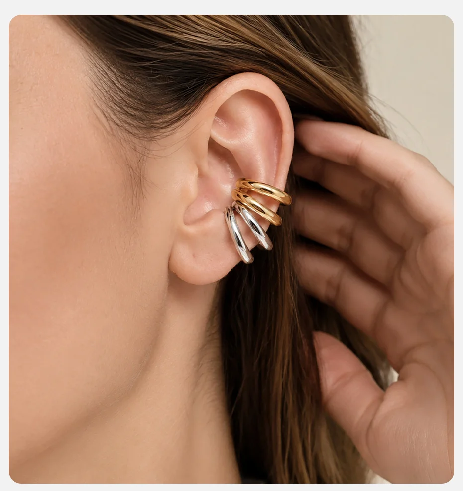Vnox Minimalistische 1-teilige Doppelschichtige Runde Kreisförmige C-Form Ohrringe für Frauen Ohne Piercing Clip-Ohrringe Manschette Klobiger Clip-Schmuck – Detail 2