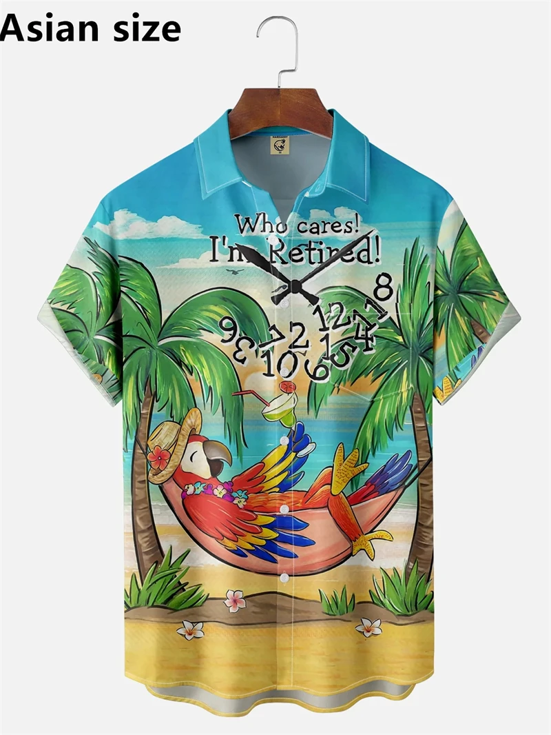 

Мужская гавайская рубашка с принтом попугая, рубашки с короткими рукавами, летняя повседневная гавайская рубашка с лацканами и пуговицами, одежда унисекс
