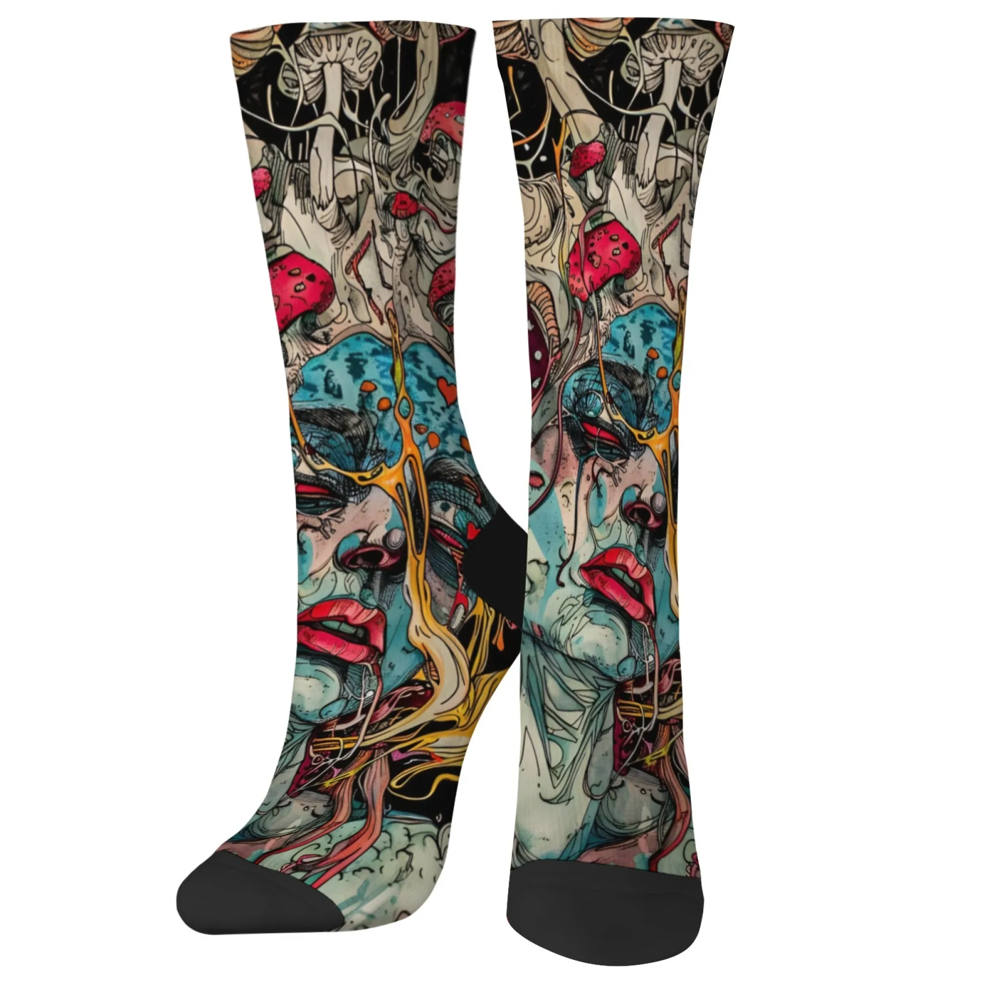 Surreal Artistic Psychedelic Socks，Face with Mushrooms Flowing Shapes Face Colorful Design Crew Socks，Novelty Crazy Street Style