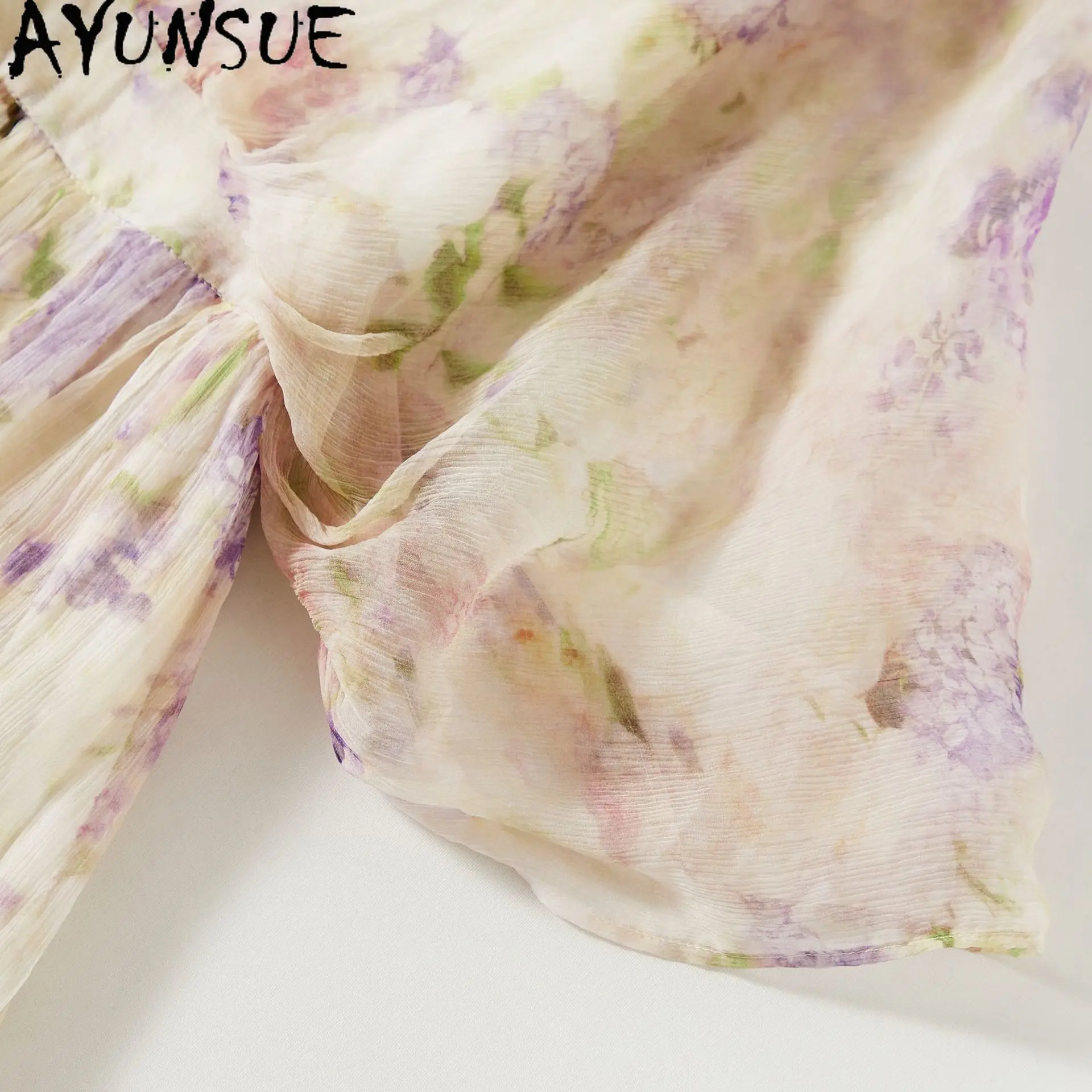 AYUNSUE 100% التوت الحرير فساتين حريمي الأزهار فساتين الصيف أنيقة 2025 ملابس امرأة الخامس الرقبة فستان طويل Vestidos Mujer