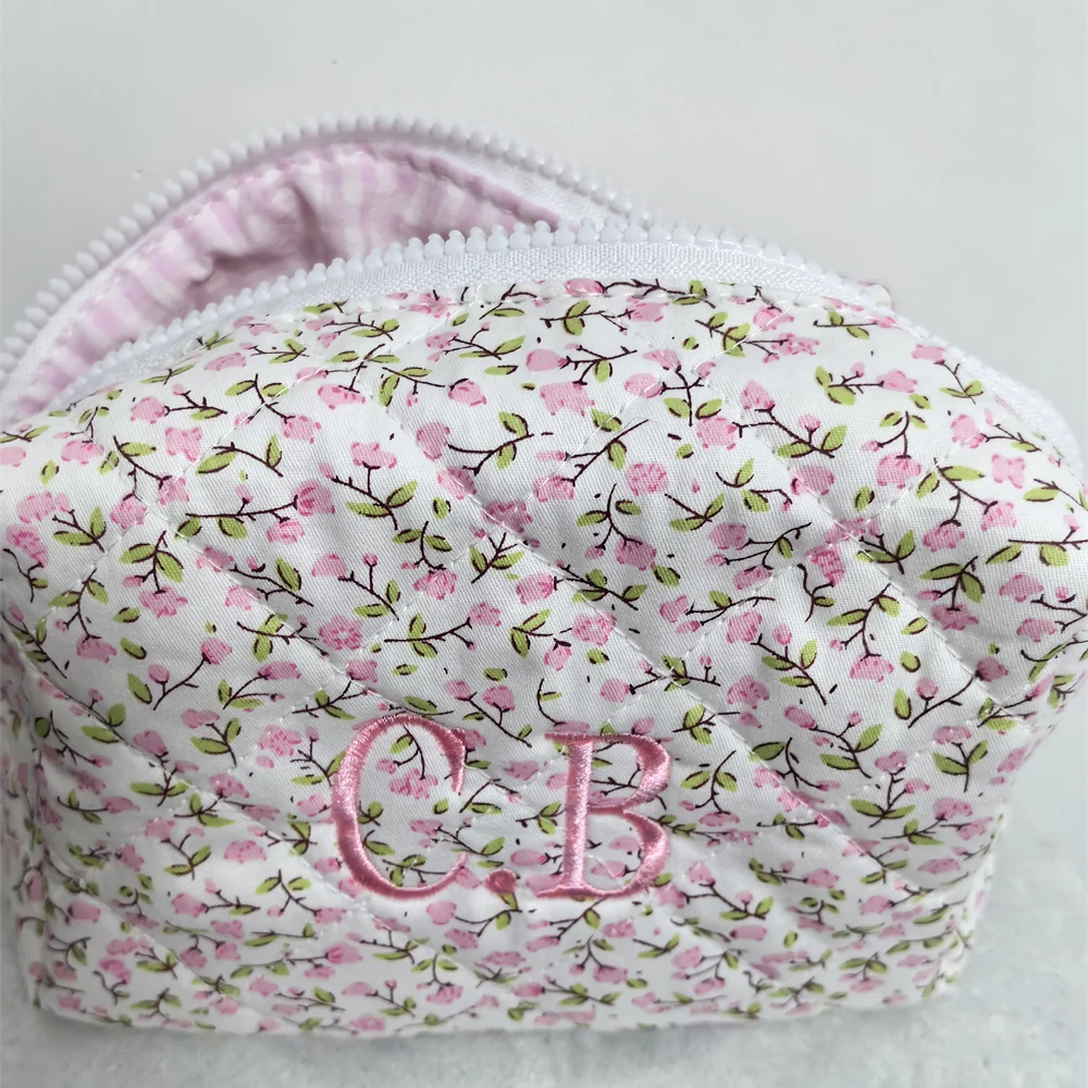 Personalized Floral Makeup Bag Women's Cotton Fabric Storage Bag Travel Toiletry Bag Custom Embroidered Birthday Gift for Girls