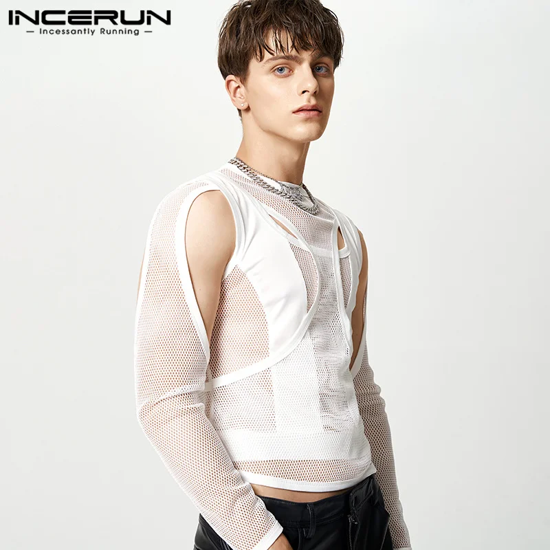 INCERUN Men T Shirt Mesh Patchwork Transparent Sexy O-neck Long Sleeve Men Clothing 2023 Streetwear Hollow Out Fashion Camisetas