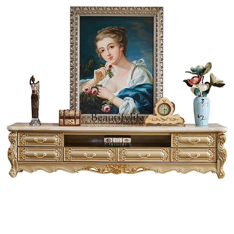 

FG44European TV cabinet marble surface full solid wood carving flower paint noble gold luxury floor cabinet