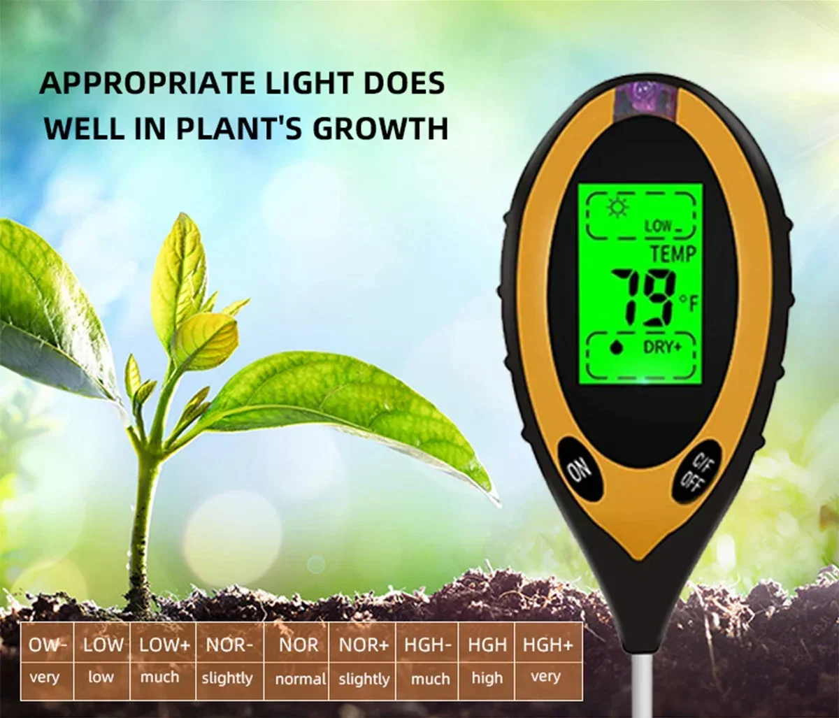 4-in-1 Soil PH Meter – Light, Moisture, Acidity Tester, No Battery Digital Probe for Plant, Flower, Garden Soil Kit