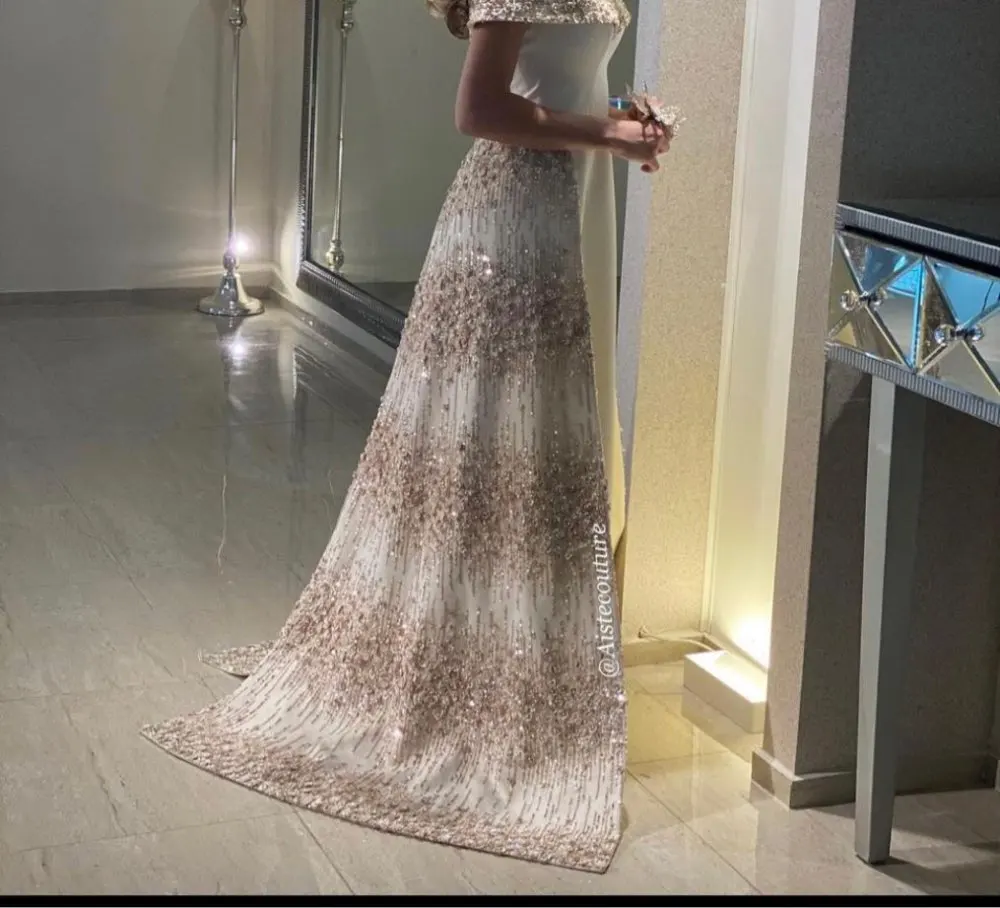 Luxurious Hot Sale Off the Shoulder Satin Beaded Bow Sheath فساتين السهرة vestidos de fiesta فساتين سهره evening dresses