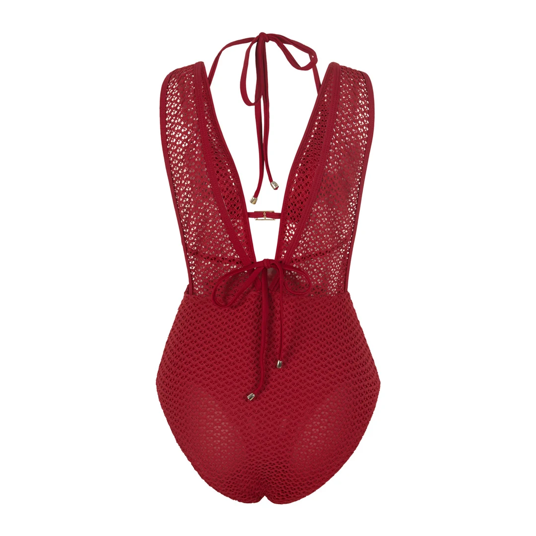 S - XL, tiefes V-Ausschnitt-Design, Strick-Fischnetz-Material, Damen-Badeanzug, einteiliger Badeanzug, Damen-Monokini, rückenfreier Badeanzug, Badebekleidung, Modell V7832. – Detail 28