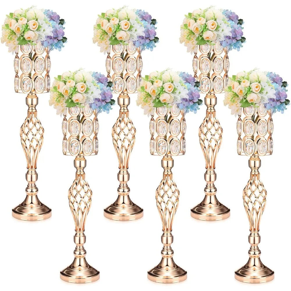 6 Pieces Metal Diamond Crystal Wedding Centerpiece Vases Wedding Flower Trumpet Vase with Crystal Bead 24 Inch Tall Gold Vases.