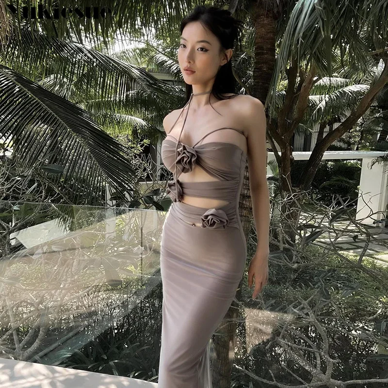 Sem mangas sem costas plissado magro maxi vestido de férias de verão rendas até bodycon vestidos sexy halter flor recorte magro vestido longo