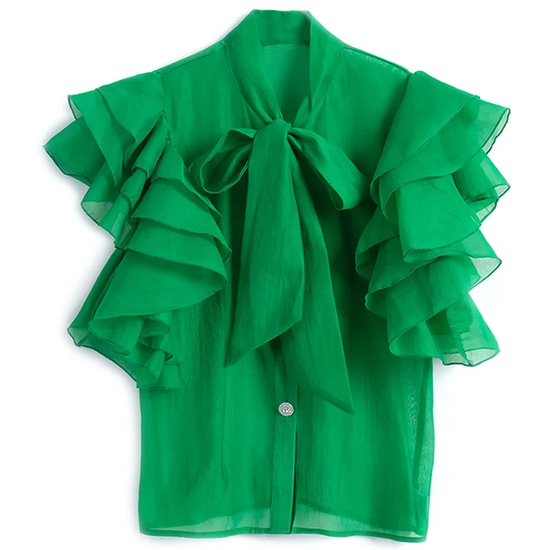 Women\'s Blouse Fashion New 2023 Ruffles Short Sleeve Elegant Feminine Shirts Spring Summer Soid Color Fitting Ladies Tops