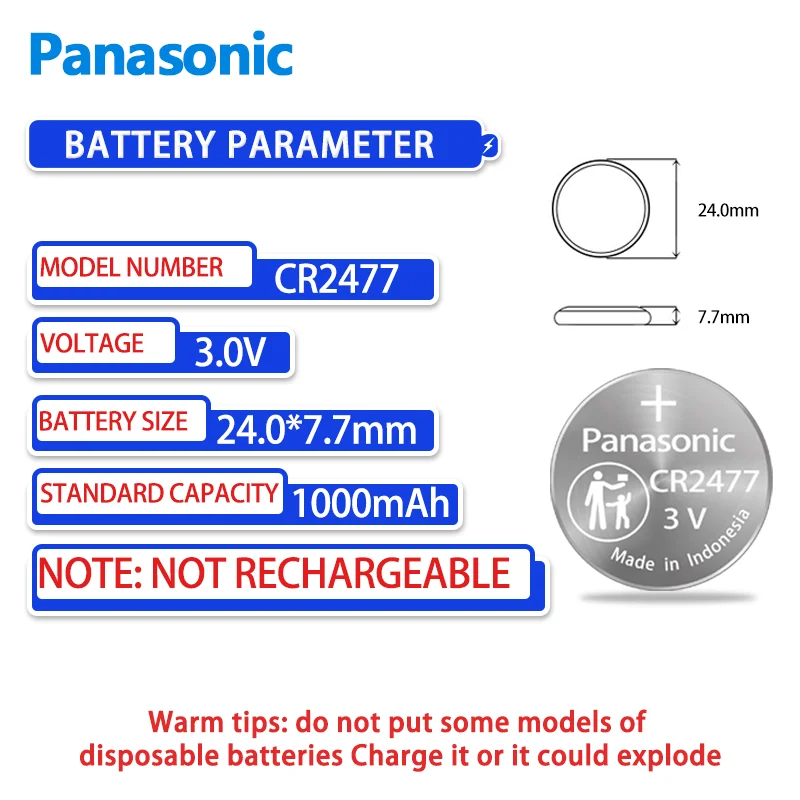 Panasonic 5PCS CR2477 Button Battery Lithium 3V Instrument Meter Imported Digital Tire Pressure Monitor Intelligent Toilet