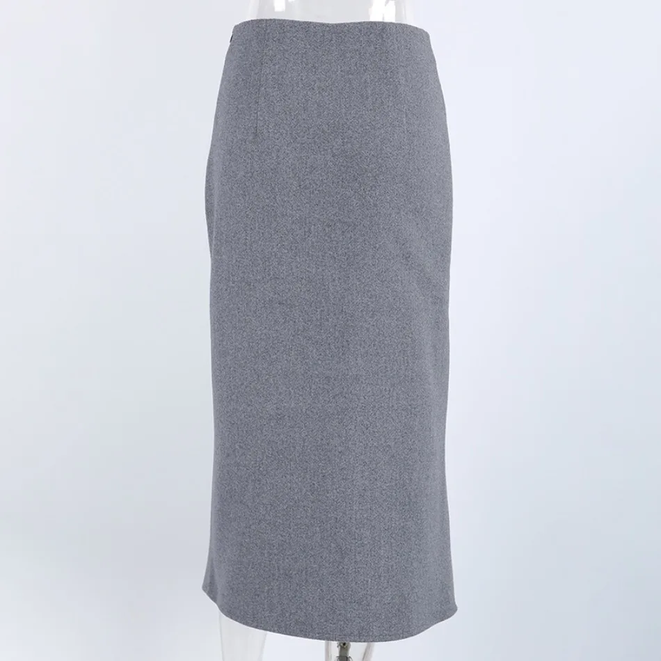 Herbst Winter Neue Damen-Pendlerkleidung Grauer Woll-Midirock Eleganter Hochtaillierter Knopf-Schlitzrock für Damen – Detail 21