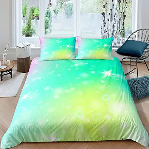 Bedding Set Rainbow Universe Duvet Cover for Women Sparkle Stars Outer Space Comforter Cover Gradient Green Yellow Design Room