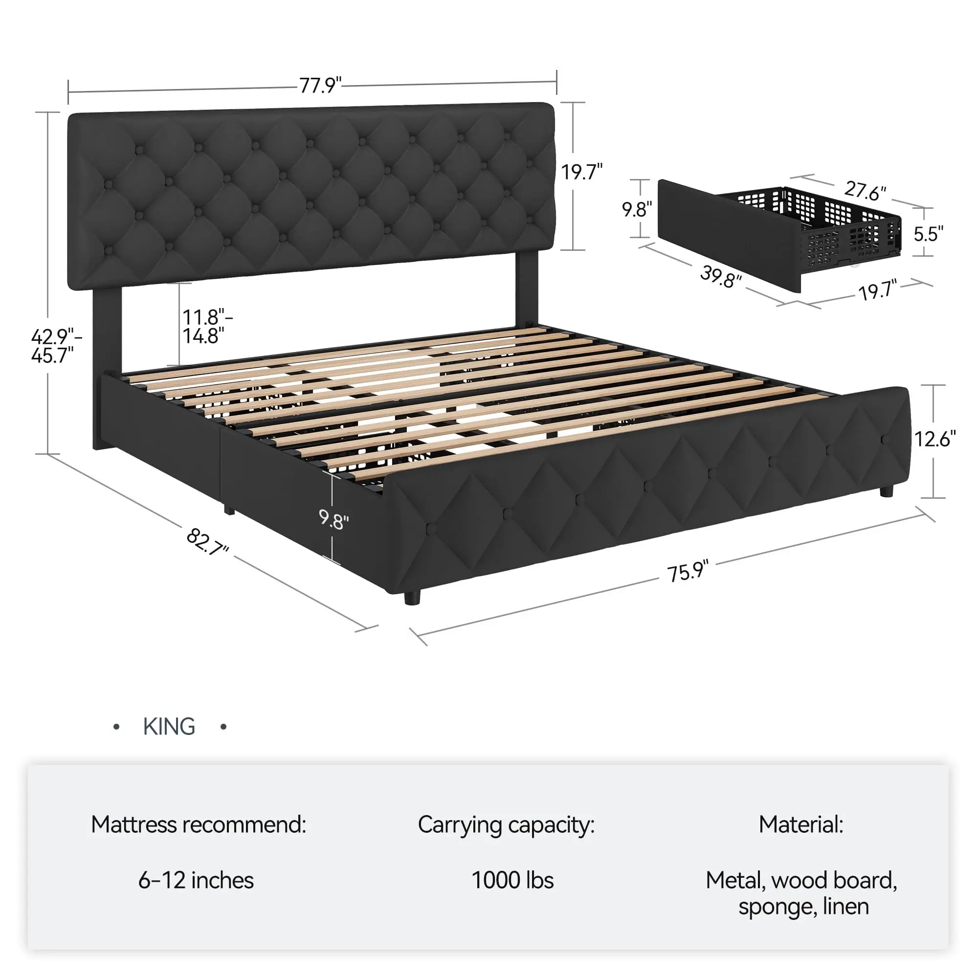 Bettgestell in Kingsize mit 4  – King Size Bed Frame With Storage Drawers Bewertung und Preis