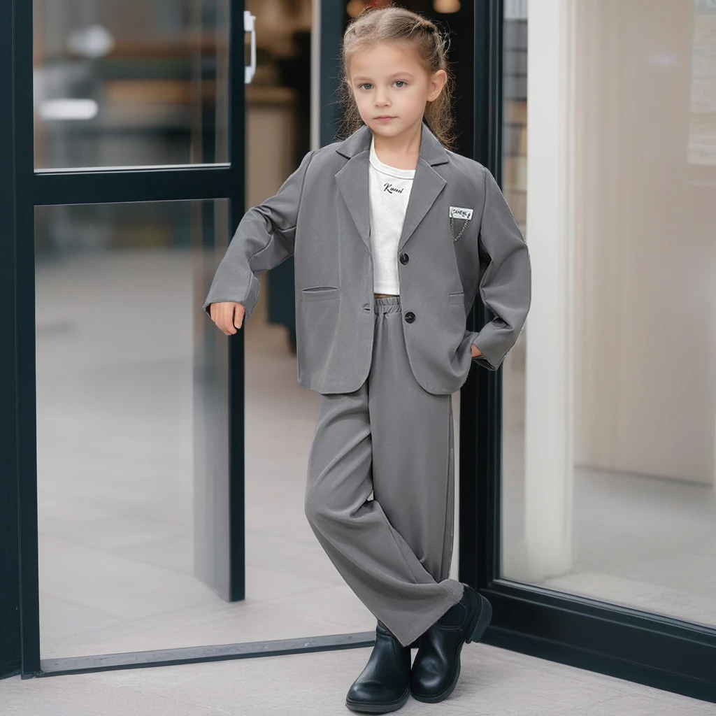 

Teens Girls Suit Grey Blazer Trousers Trendy Two-Piece Outfits for Kids Spring Autumn Stylish Loose School Children Clothing Set
