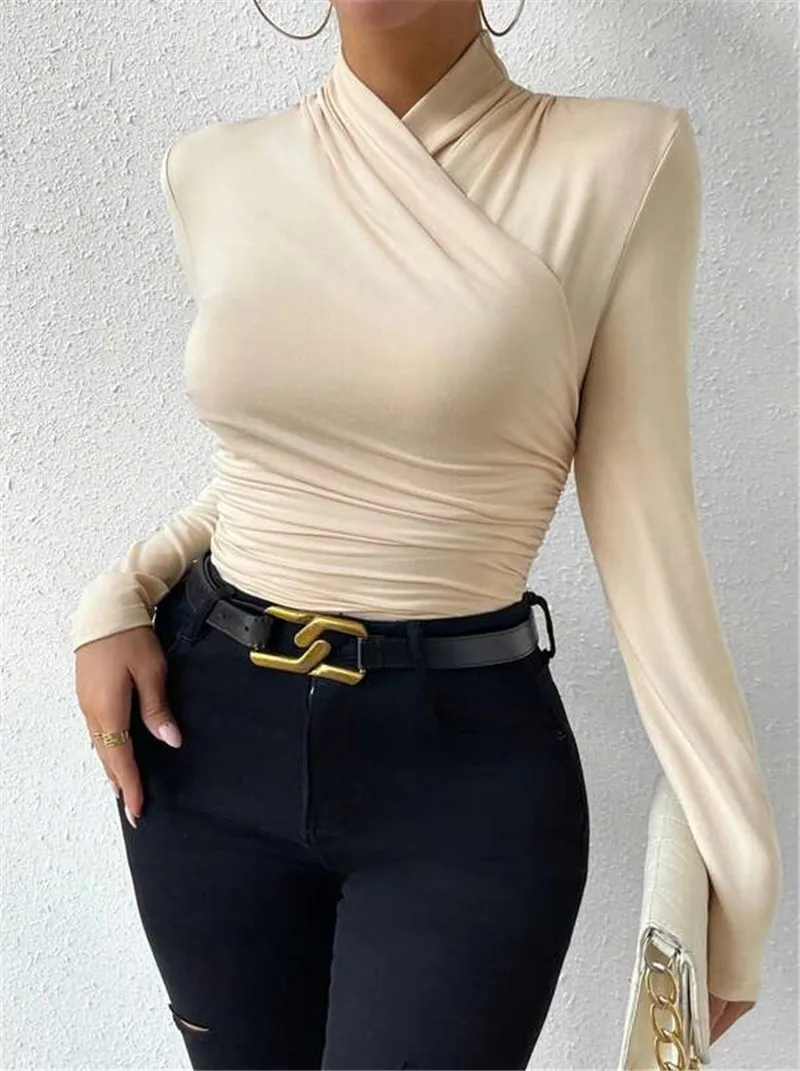 Women\'s Fall Long Sleeve Tops Fashion Casual Cross Crew Neck Slim T Shirts Chic Commuting Tight Long Sleeve T-Shirts 2024 Blusas